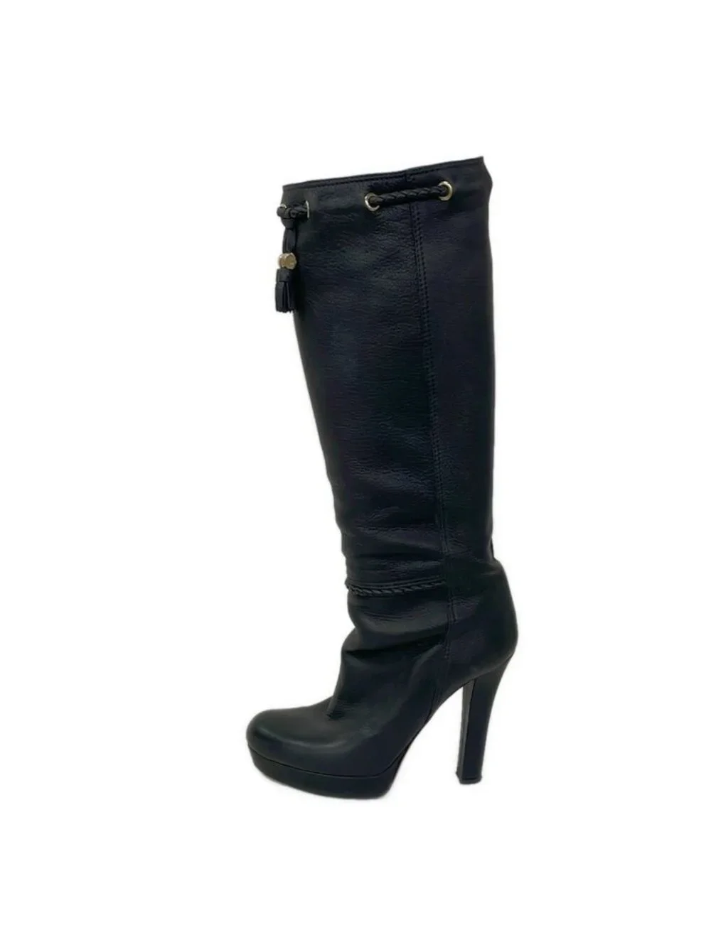 Gucci Long Boots Black Tassel Leather 37.5
